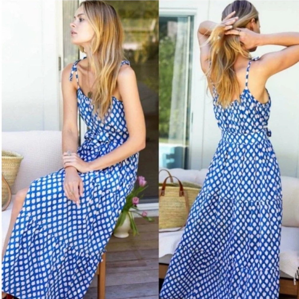 Emerson Fry India Collection Blue Block Print Maxi Dress XS/S Organic Cotton - Picture 2 of 8